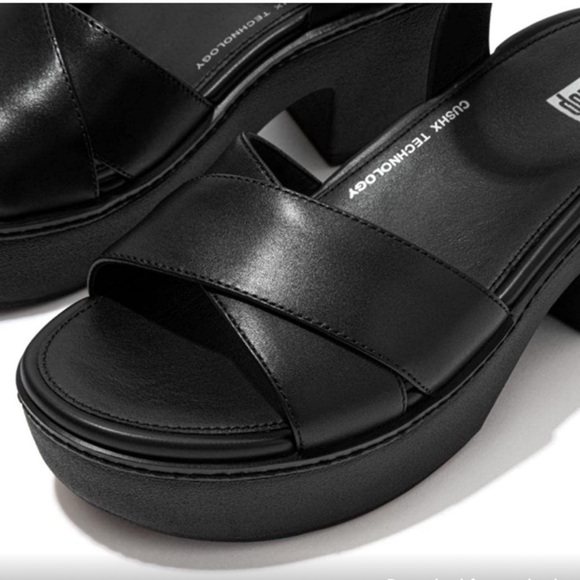 NEW FitFlop Pilar Crossover Black Leather Ankle Strap Platform Sandal Sz 7 Eu 38 - Picture 2 of 6